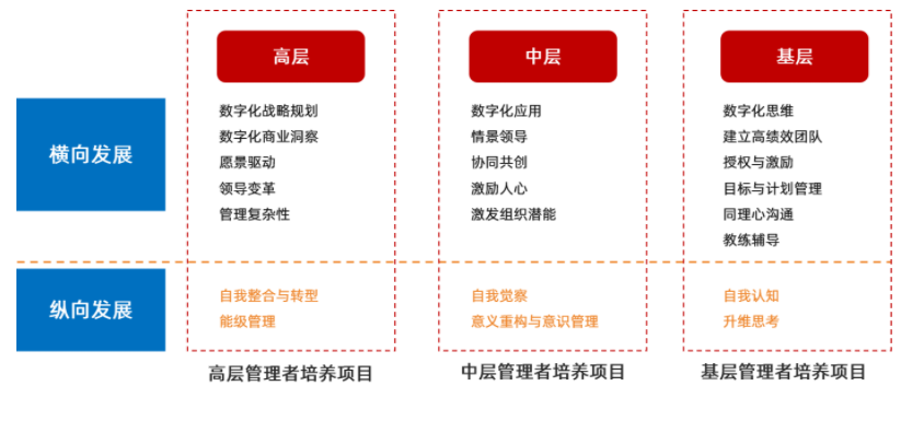 我們設計了“未來領導力”產品，針對高層、中層和基層，創新提出應對數字化挑戰的橫縱向結合的領導力發展方法